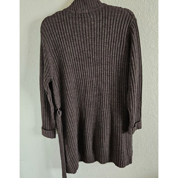 Karen Scott Woman Size M Brown Knee Length Button Up Cable Knit Cardigan Belted - Picture 2 of 9